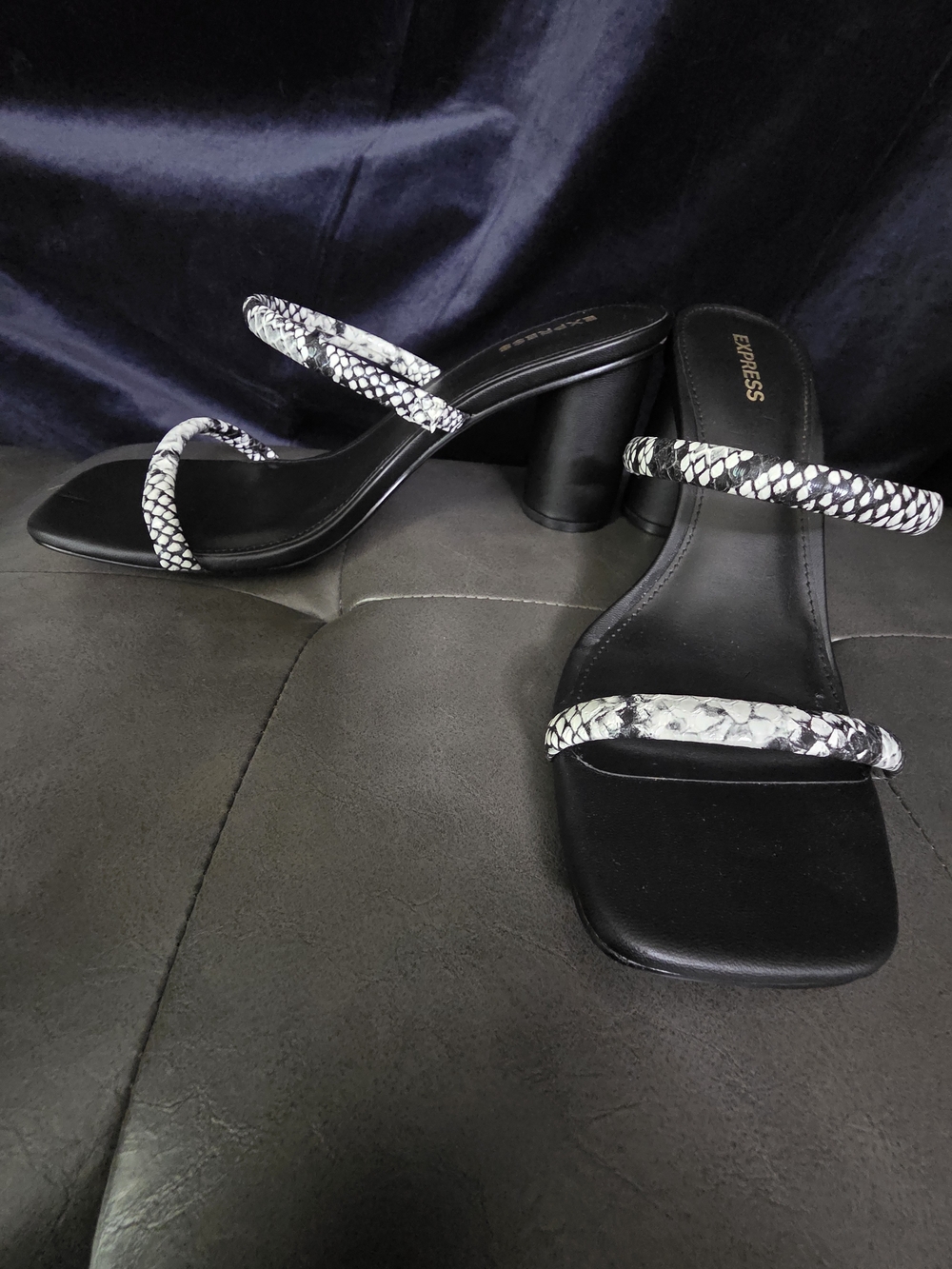 Express Black Heeled Sandals with Black-White Snake Print Straps